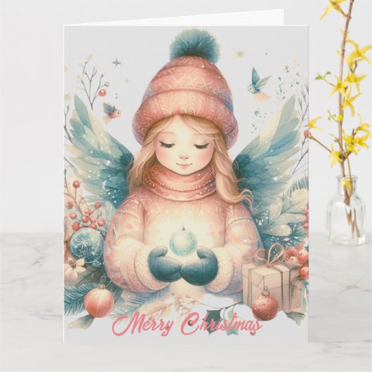 北の自然の中の美しい冬の天使 カード (黄色い花)