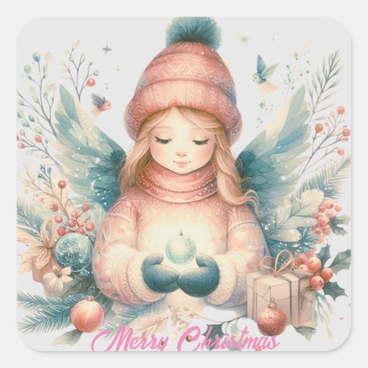 北の自然の中の美しい冬の天使 スクエアシール (正面)