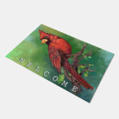 北の赤の（鳥）ショウジョウコウカンチョウ ドアマット (アングル)