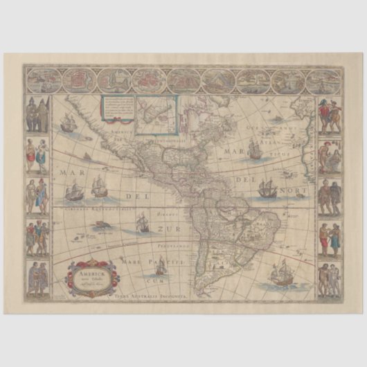北アメリカと南アメリカの初期歴史地図 薄葉紙 (正面)