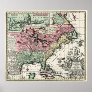北アメリカのコロニーの1720地図 ポスター