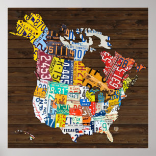 北アメリカのナンバープレートの地図: プラスのハワイ ポスター