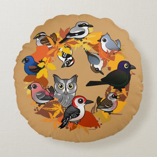 北アメリカの鳥の秋のリース ラウンドクッション (正面)