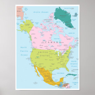 北アメリカ大陸の詳細地図 ポスター
