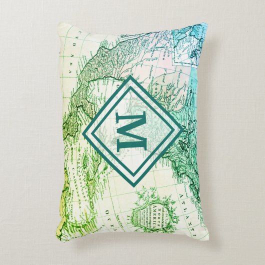 北クールアメリカの緑のヴィンテージ地図モノグラム アクセントクッション (正面(垂直))