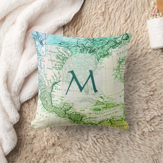 北クールアメリカの緑のヴィンテージ地図モノグラム クッション (ブランケット)