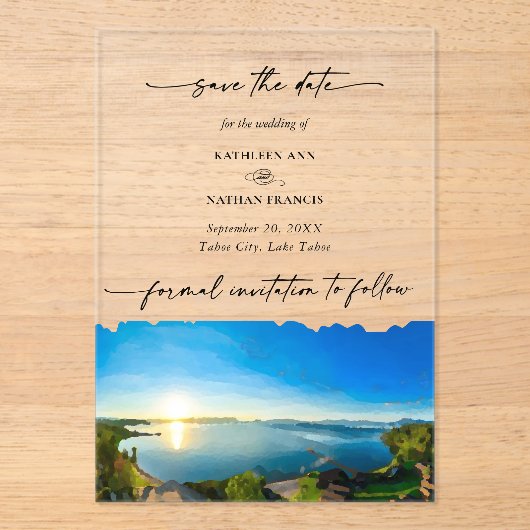 北レイクタホ目的地の結婚式の日付を保存 アクリル招待状 (正面)