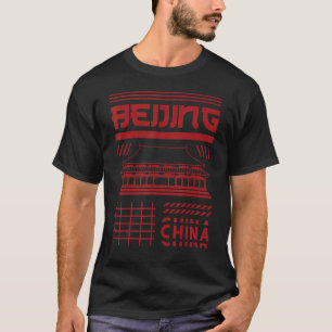北京中国シティスカイラインシルエットアウトライン Tシャツ