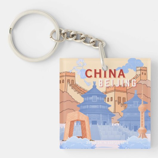 北京中国旅行ポスター | パステルブルーとピーチ キーホルダー (正面)