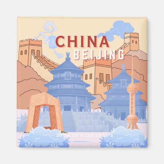 北京中国旅行ポスター | パステルブルーとピーチ マグネット (正面)