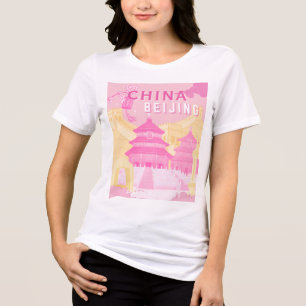 北京中国旅行ポスター ピンクとイエローのアート トライブレンドTシャツ