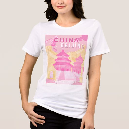 北京中国旅行ポスター | ピンクとイエローのアート トライブレンドＴシャツ (正面)
