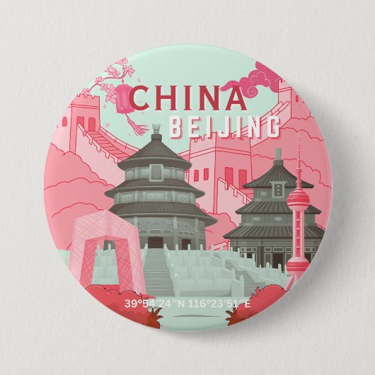 北京中国旅行ポスター | 薄緑とピンクのアート 缶バッジ (正面)