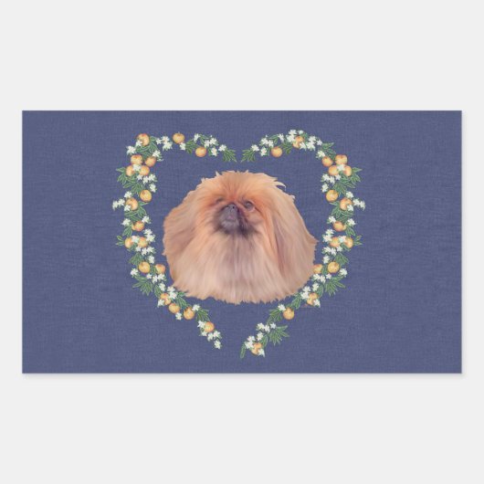 北京犬とオレンジの花 長方形シール (正面)