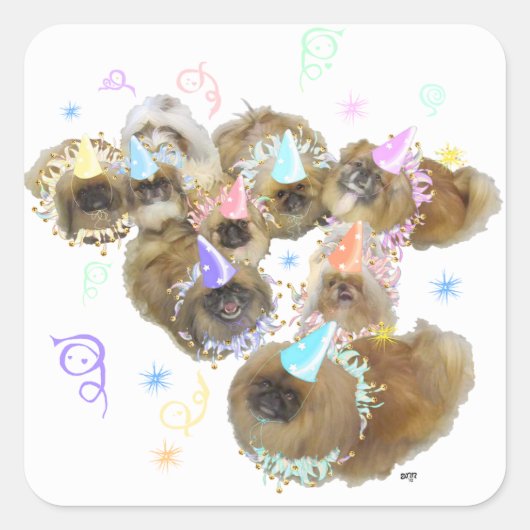 北京犬のお祝いグループ スクエアシール (正面)