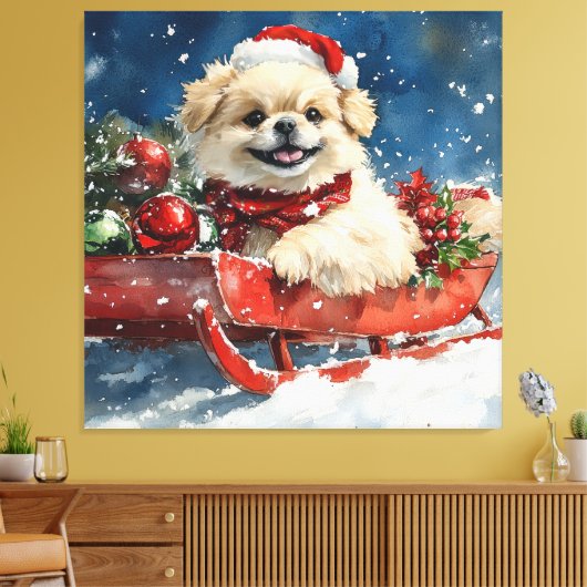 北京犬のそり "Let it Snow" クリスマス キャンバスプリント (インサイチュ (リビング))