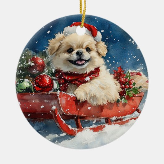 北京犬のそり「Let it Snow」クリスマス セラミックオーナメント (正面)