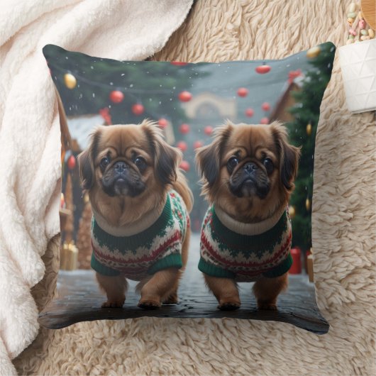 北京犬のクリスマス・スノー・ホリデー クッション (ブランケット)