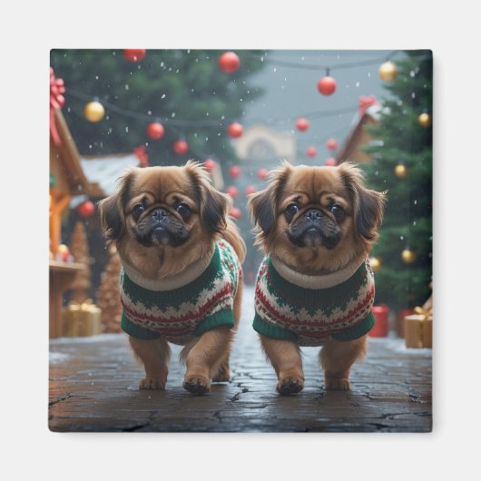 北京犬のクリスマス・スノー・ホリデー マグネット (正面)