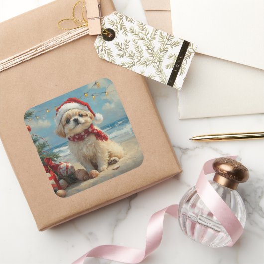 北京犬のクリスマス ビンテージ ビーチ  スクエアシール (ギフト)
