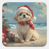 北京犬のクリスマス ビンテージ ビーチ  スクエアシール (正面)