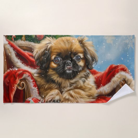 北京犬のクリスマス ビーチタオル (正面)