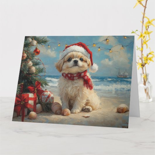 北京犬のクリスマス ヴィンテージ ビーチ カード (黄色い花)