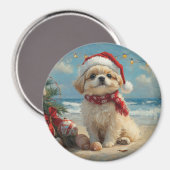 北京犬のクリスマス ヴィンテージ ビーチ マグネット (正面/裏面)