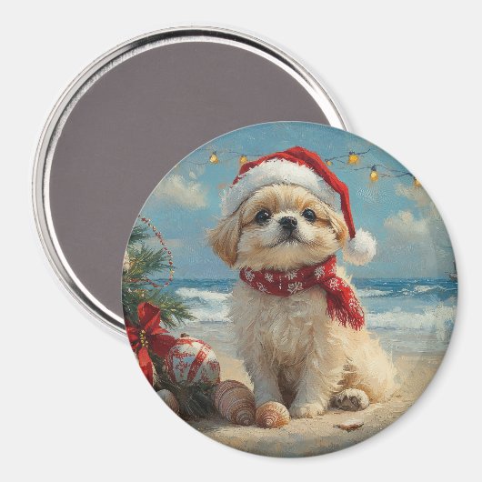 北京犬のクリスマス ヴィンテージ ビーチ マグネット (正面/裏面)