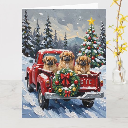 北京犬のクリスマス 赤いトラック ホリデー カード (黄色い花)