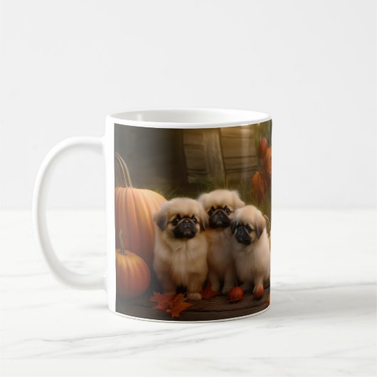北京犬の子犬 秋の喜びのかぼちゃ コーヒーマグカップ (左)