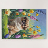 北京犬の春の花の絵 ジグソーパズル (横)