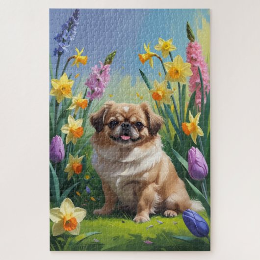 北京犬の春の花の絵 ジグソーパズル (縦)