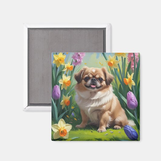 北京犬の春の花の絵 マグネット (正面/裏面)