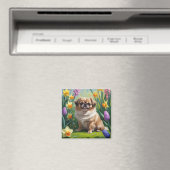 北京犬の春の花の絵 マグネット (インサイチュ (食洗機))
