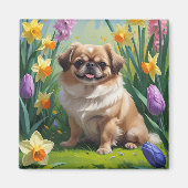 北京犬の春の花の絵 マグネット (正面)