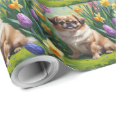 北京犬の春の花の絵 ラッピングペーパー (ロールコーナー)