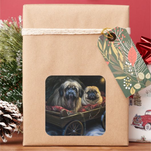 北京犬+雪景+そり+クリスマス+デコレーション スクエアシール (クリスマス)