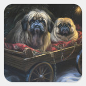 北京犬+雪景+そり+クリスマス+デコレーション スクエアシール (正面)