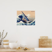 北斎おもしろい波のウィンドサーフィン素晴らしサーファー ポスター (キッチン)