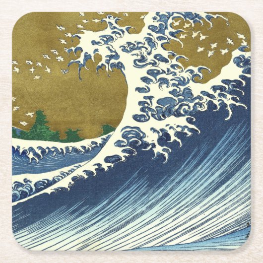 北斎の大波パターン: 日本の浮世絵アート スクエアペーパーコースター (正面)