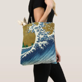 北斎の大波パターン: 日本の浮世絵アート トートバッグ (クローズアップ)