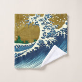 北斎の大波パターン: 日本の浮世絵アート バスタオルセット (ウォッシュタオル)
