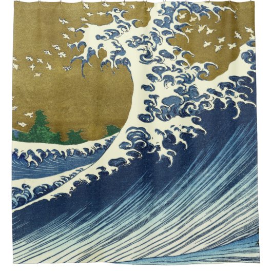 北斎の巨大波パターン: 日本の浮世絵アート シャワーカーテン (正面)