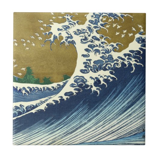 北斎の巨大波パターン: 日本の浮世絵アート タイル (正面)