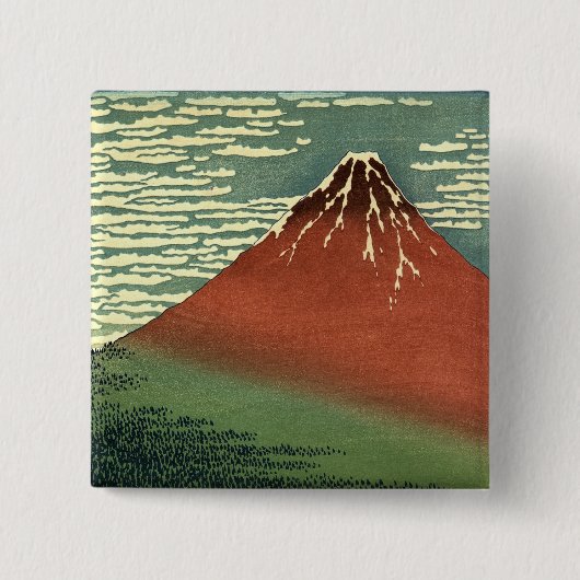 北斎の浮世絵南風澄ん空・赤富士 缶バッジ (正面)