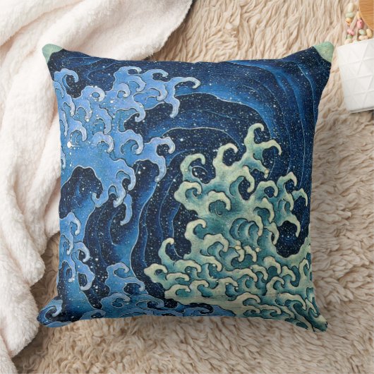 北斎フェミニン波ヴィンテージ海 クッション (ブランケット)