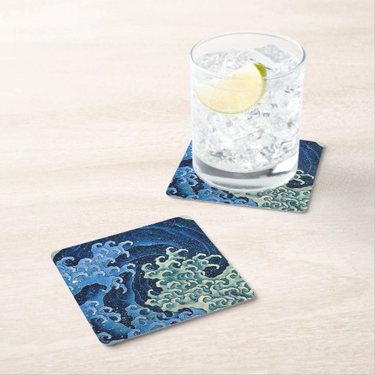 北斎フェミニン波ヴィンテージ海 スクエアペーパーコースター (インサイチュ)