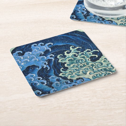 北斎フェミニン波ヴィンテージ海 スクエアペーパーコースター (アングル)