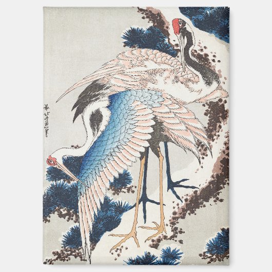 北斎日本美術 二羽の鶴 雪の松 マグネット (正面)